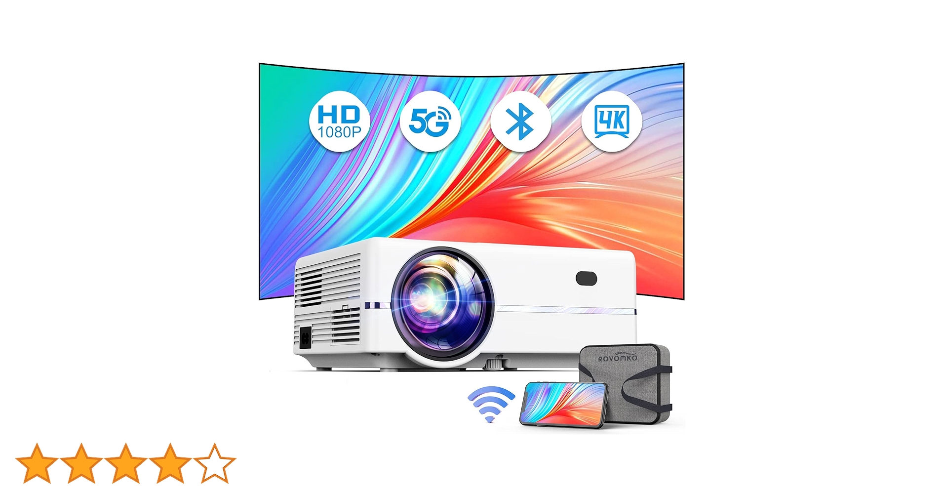 ROVOMKO プロジェクター 小型 13000lm 5G&2.4G wifi ROVOMKO Portable 1080P 4K Projector with Bluetooth & WiFi